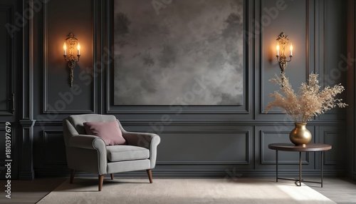 Empty luxury living room features dark grey paneled walls. Comfortable armchair with pink pillow stands on soft rug. Ornate gold sconces illuminate large abstract art piece. Stylish side table holds