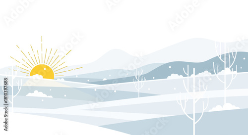 Stylized vector illustration of winter landscape with rising sun minimal design