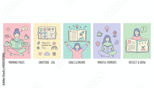 Selfcare journaling methods vector morning pages gratitude log goals mindful moments and personal growth reflection