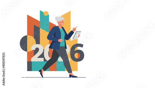 Confident senior professional walking planning 2026 strategy with digital tablet