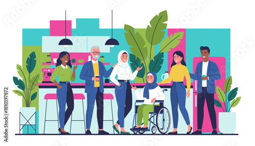 Diverse coworkers enjoy a coffee break in a modern office Inclusion and teamwork concept