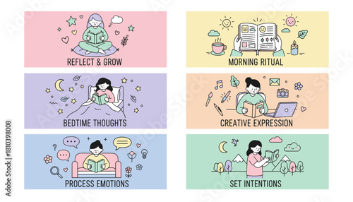 Set of cute illustrations showing personal growth selfcare reflection and daily journaling rituals