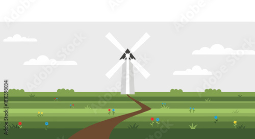 Whimsical illustration of a windmill amidst a blooming field and blue sky backdrop