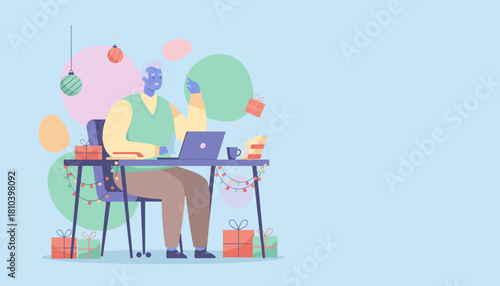 Elderly man uses laptop for work or shopping during Christmas holiday with gifts and festive decor