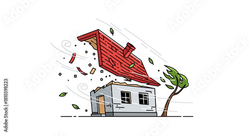 Stylized illustration depicting a house damaged by strong winds during a storm destruction