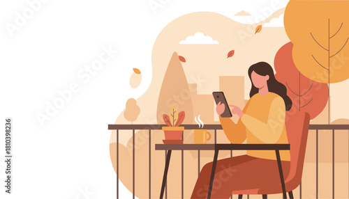 Woman using phone and drinking coffee on an urban autumn balcony Digital lifestyle concept