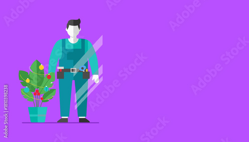 Service technician near a festive plant display Holiday retail preparation or maintenance concept