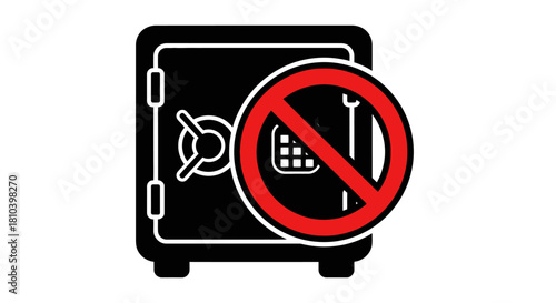 A black safe with a combination lock and a red 'no' symbol overlaid on its keypad, indicating restricted access or a security breach.