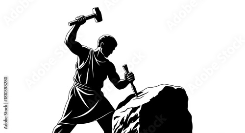 Black and white graphic illustration of a strong man using a hammer and chisel to sculpt a large stone block.
