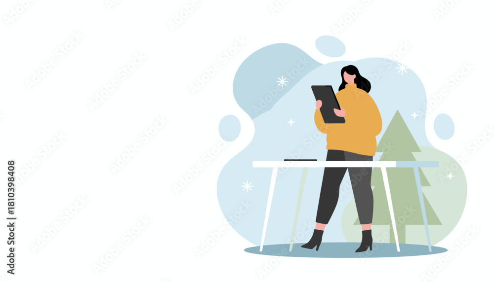 Woman uses tablet for remote work or holiday shopping in a cozy winter setting