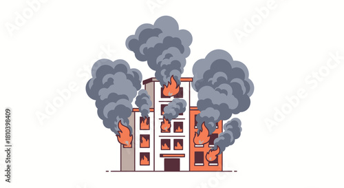 Burning apartment complex illustration showcasing destruction and urban emergency with thick smoke
