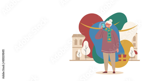 Smiling senior woman talking on smartphone outdoors in a modern abstract urban setting with a gift box