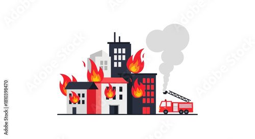 Urban fire incident scene with burning buildings and a responding firetruck illustration