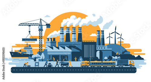 Factory production logistics and renewable energy illustration Industrial complex and workers
