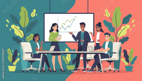 Diverse team presents success graph in a modern office meeting Teamwork and growth concept