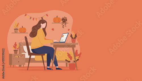 Cozy fall work from home illustration Woman freelancing on laptop in an autumnthemed bedroom