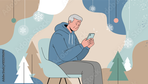 Older man looks concerned while using a smartphone in a festive abstract winter holiday setting