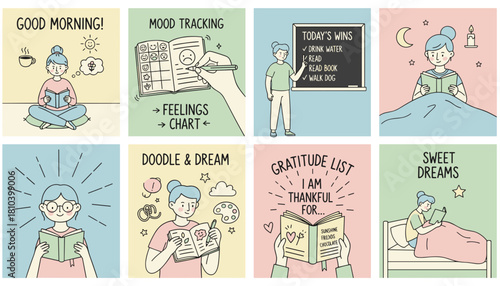 Handdrawn illustrations of selfcare and daily wellness routines reading journaling and tracking mood