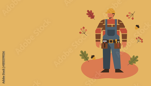 Skilled tradesman in hard hat and overalls surrounded by autumn foliage Professional service vector