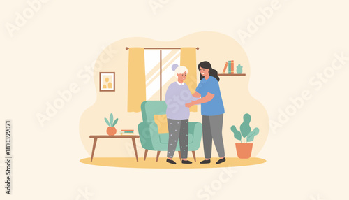 Caregiver supports happy senior woman at home Professional elder assistance and compassionate health service