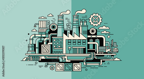 Stylized factory illustration featuring smokestacks gears pipes and delivery truck Production concept