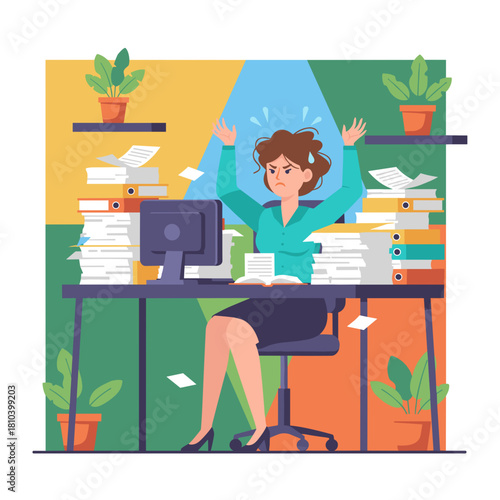 Overworked business woman stressed by excessive paperwork and deadlines at her office desk