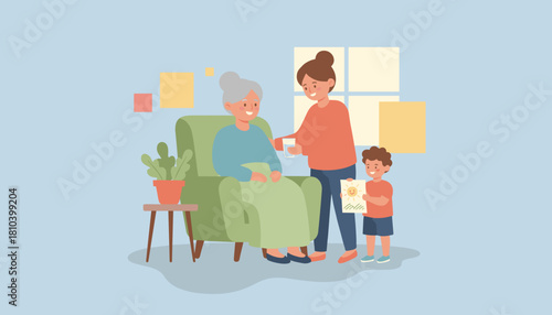 Multigenerational family provides loving care and comfort to elderly grandmother at home