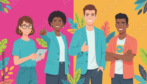 Diverse young professionals smiling confidently illustrating teamwork success and modern collaboration