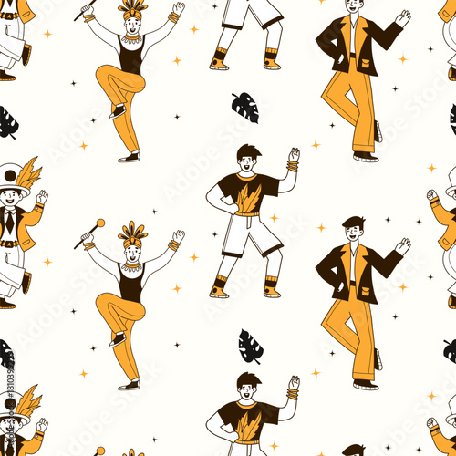 Carnival Seamless Pattern Men Dancers. Happy Party Male Character in Masquerade on White Background. Color Hand-Drawn Doodle. Vector Illustration. Not AI