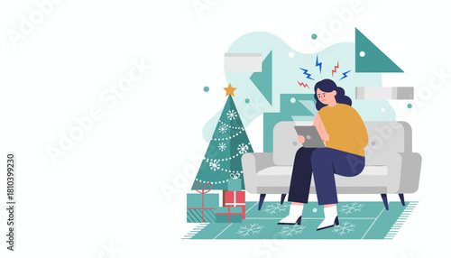 Stressed woman with a headache using a tablet near a Christmas tree Holiday work and anxiety concept