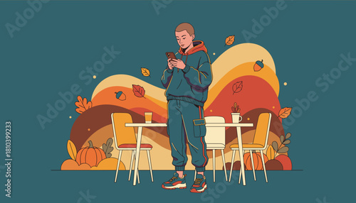 Young person in casual wear using a smartphone in an outdoor cafe during the fall season
