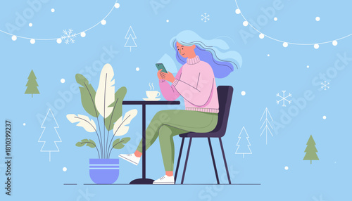 Young woman uses smartphone while drinking hot coffee in a festive winter setting