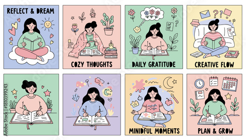 Handdrawn collection of women practicing selfcare planning journaling and mindful reflection