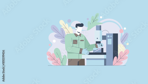 Researcher using complex scientific equipment in a modern stylized laboratory illustration