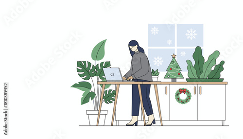 Busy woman working remotely on laptop in a cozy holiday home office with festive decorations