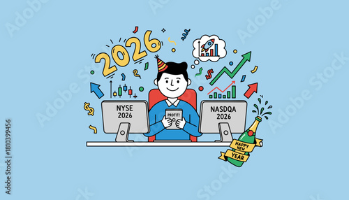 Investor celebrates 2026 market profit and growth with champagne Finance and success cartoon