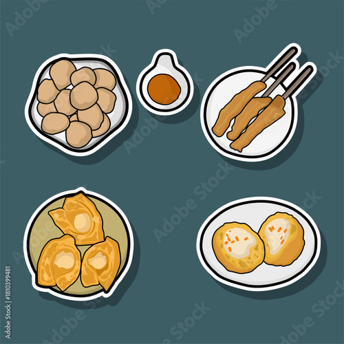 Indonesian Street Food Stickers Meatballs Satay and Fried Food