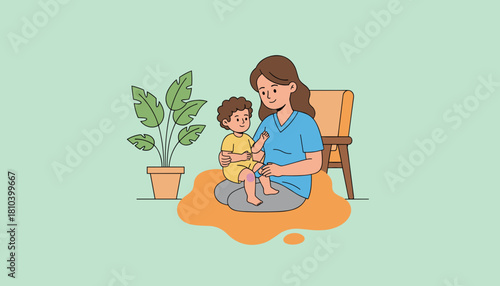 Loving mother comforting her toddler with a scraped knee Parental care and childhood first aid