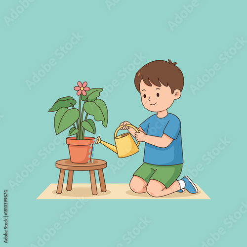 Happy boy watering a potted flower on a stool learning responsibility and gardening skills