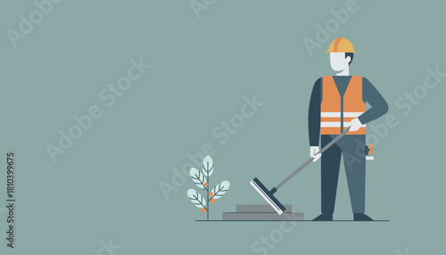 Professional construction worker in safety gear installing pavement Flat vector illustration
