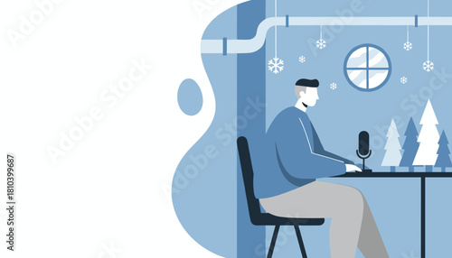 Man podcasting in a winter setting Flat vector illustration for remote work and seasonal content creation