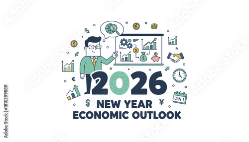 2026 New Year Economic Outlook Business professional presenting growth finance and investment data