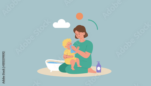 Mother gently cleans toddlers face during daily care routine Bathtime parenting and hygiene