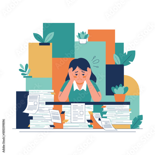 Stressed woman overwhelmed by excessive paperwork Work burnout and deadline pressure illustration