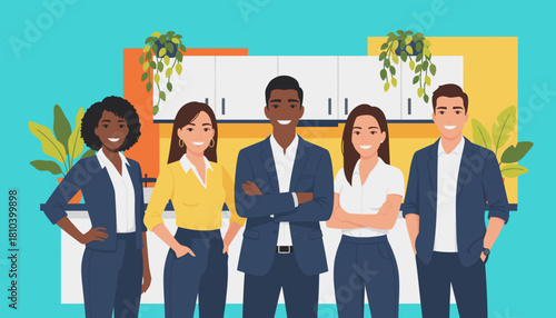 Group of diverse smiling business professionals standing together in a modern office environment