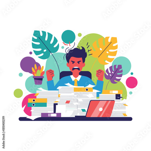 Stressed worker buried in paperwork Man suffering from burnout and office overload