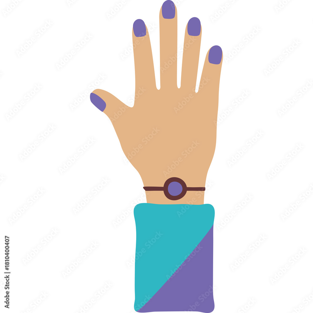 Obraz premium Illustration of a Left Hand with Purple Nail Polish and a Teal and Purple Bracelet On The Wrist Against A Transparent Background