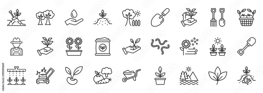 Obraz premium gardening icon set collection in outline style. icon pack contain plant, soil, water, seed, grow, flower, leaf, vegetable, lawn mower, tree icon