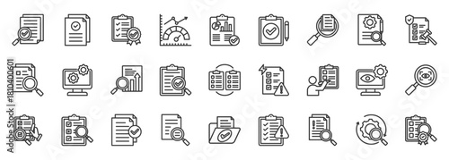 audit icon set collection in outline style. icon pack contain check, verify, review, inspect, assess, report, evaluate, comply, observe, monitor icon