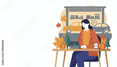 Woman works in a garage office managing car service business during the autumn season